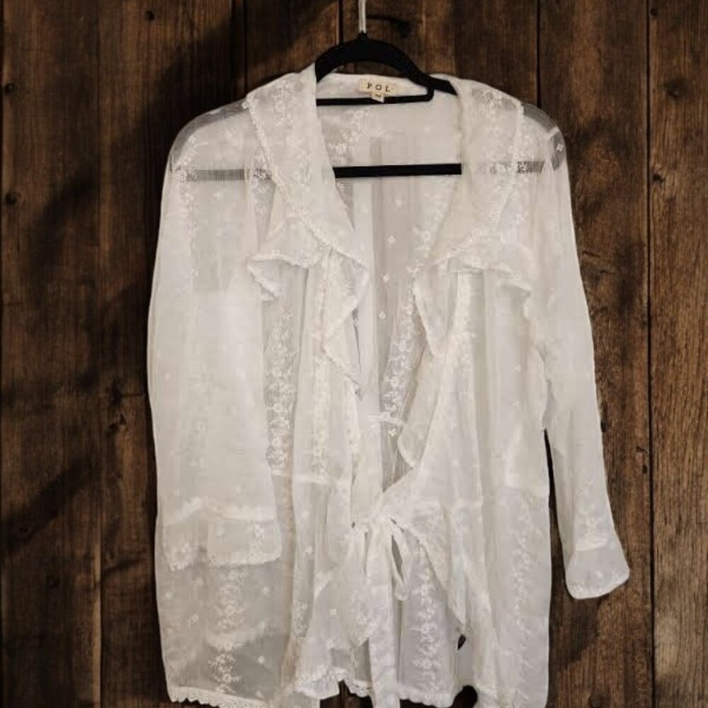 POL Sheer Tie-Front Blouse with Floral Embroidery – Size Medium - Picture 4 of 13